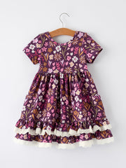 Retro Floral Print Short Sleeve Girls Dress with Pockets