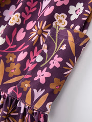 Retro Floral Print Short Sleeve Girls Dress with Pockets