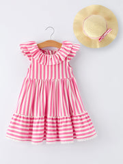 Spring Pink Striped Ruffled Girls' Dress with Hat