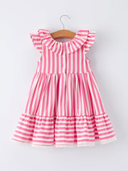 Spring Pink Striped Ruffled Girls' Dress with Hat