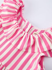 Spring Pink Striped Ruffled Girls' Dress with Hat