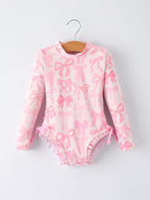 Summer Bow Print Girls Long Sleeve Ruffle One Piece Swimsuit