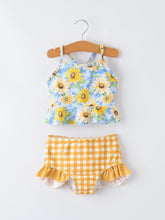 Summer Sunflower Plaid Girls Two Piece Swimsuit