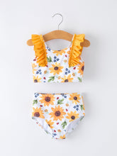 Sunflower Print Ruffle Strap Girl Two Piece Swimsuit
