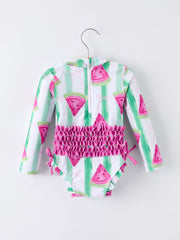Summer Watermelon Print Girl Long Sleeve Ruffle One Piece Swimsuit