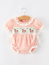Western Horse Embroidery Girls Romper Lace Petals Collar Puff Sleeve