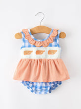 Summer Whale Embroidery Girls Romper Plaid Ruffle Collar