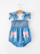 Summer Bow Baby Romper Smocked Strap Bubble Bow Applique