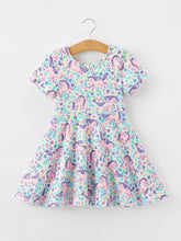 Unicorn Floral Print Girls Short Sleeve Twirl Dress