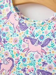 Unicorn Floral Print Girls Short Sleeve Twirl Dress
