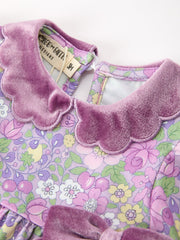 Purple Floral Velvet Baby Girl Outfit Set Ruffle Bow Bloomers