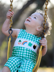 St. Patrick's Day shamrock Smocking Embroidered Green Plaid Boys' Romper