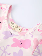 Spring Easter Bunny Bow Print Girls Short Sleeves Dress
