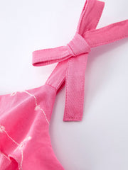 Pink Color Girl Bow Strap Ruffle Dress