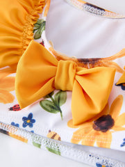 Sunflower Print Ruffle Strap Girl Two Piece Swimsuit