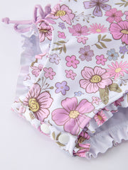 Summer Floral Print Girl Long Sleeve Ruffle One Piece Swimsuit