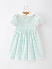 Spring Plaid Bow Girls Dress Smocked Petals Collar Puff Sleeve