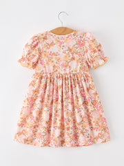 Peach Bow Smocked Floral Girl Dress