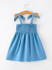 Summer Bow Girls Dress Smocked Strap Dress Bow Applique