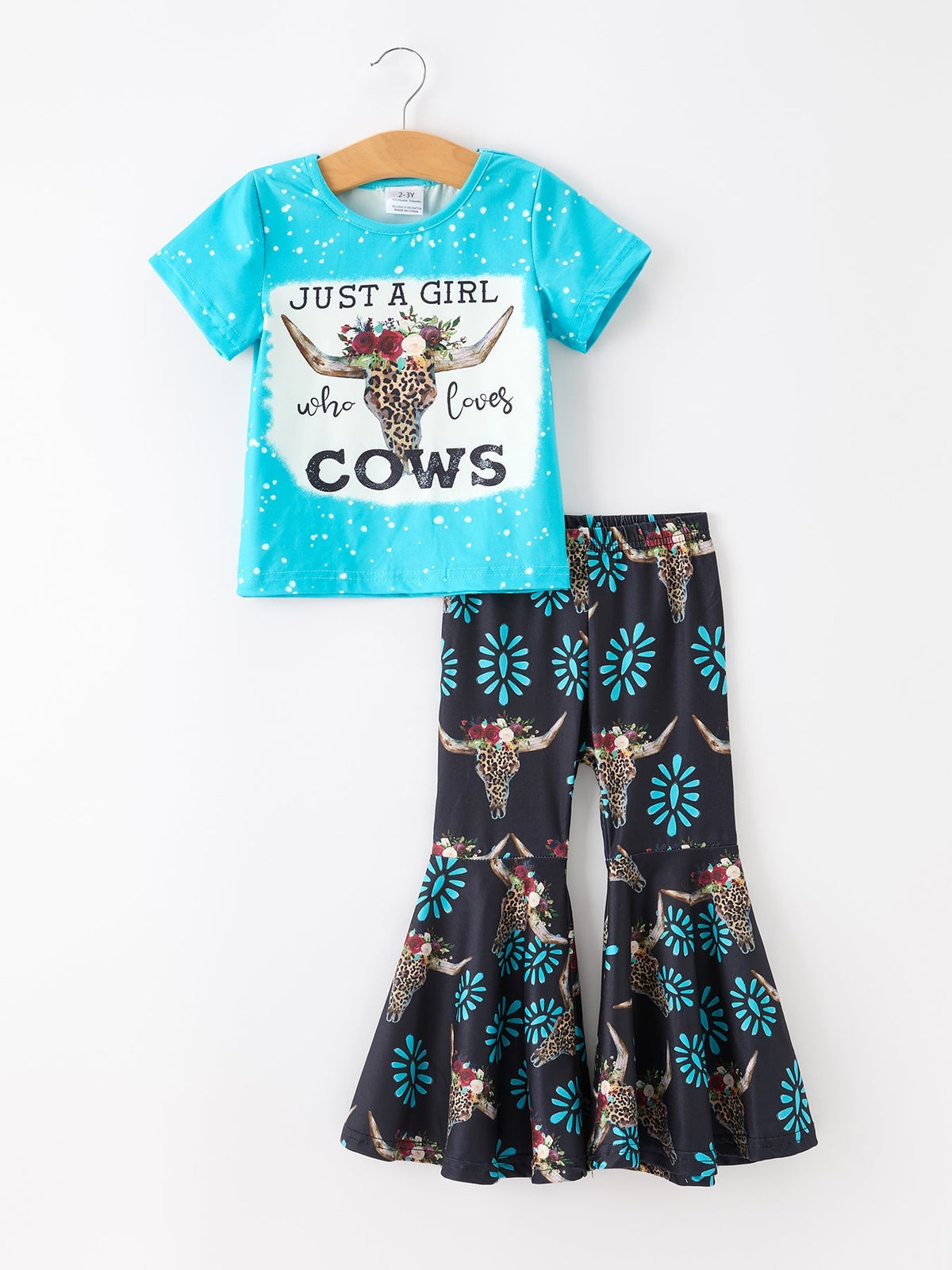 Western Cow Floral Girls Outfit Set Flare Leggings