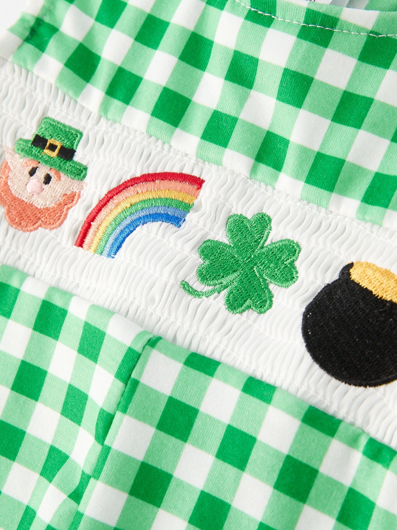 St. Patrick's Day  shamrock Smocking Embroidered Green Plaid Boys' Romper