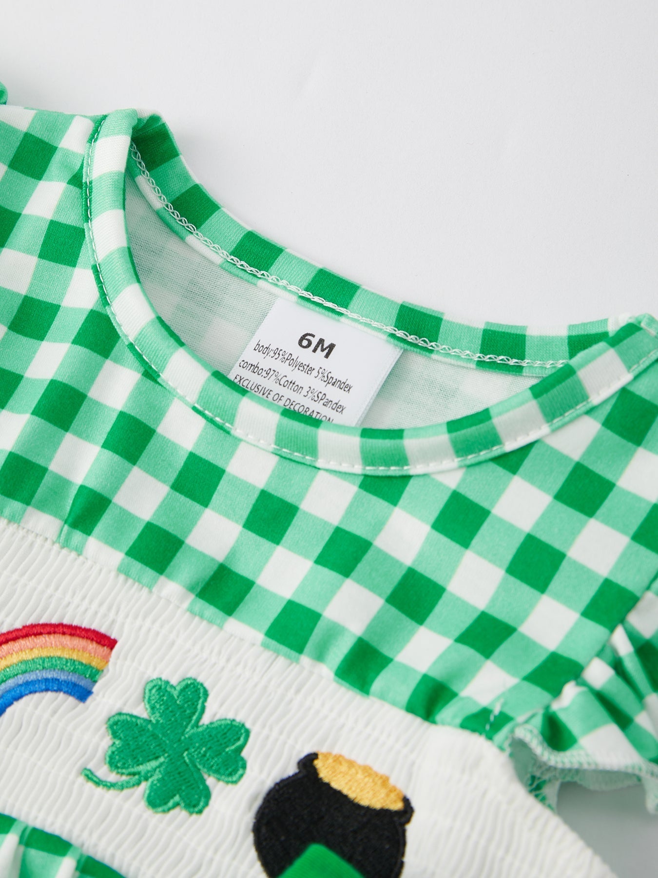 St. Patrick's Day Shamrock Smocking Embroidered Plaid Baby Girls Romper