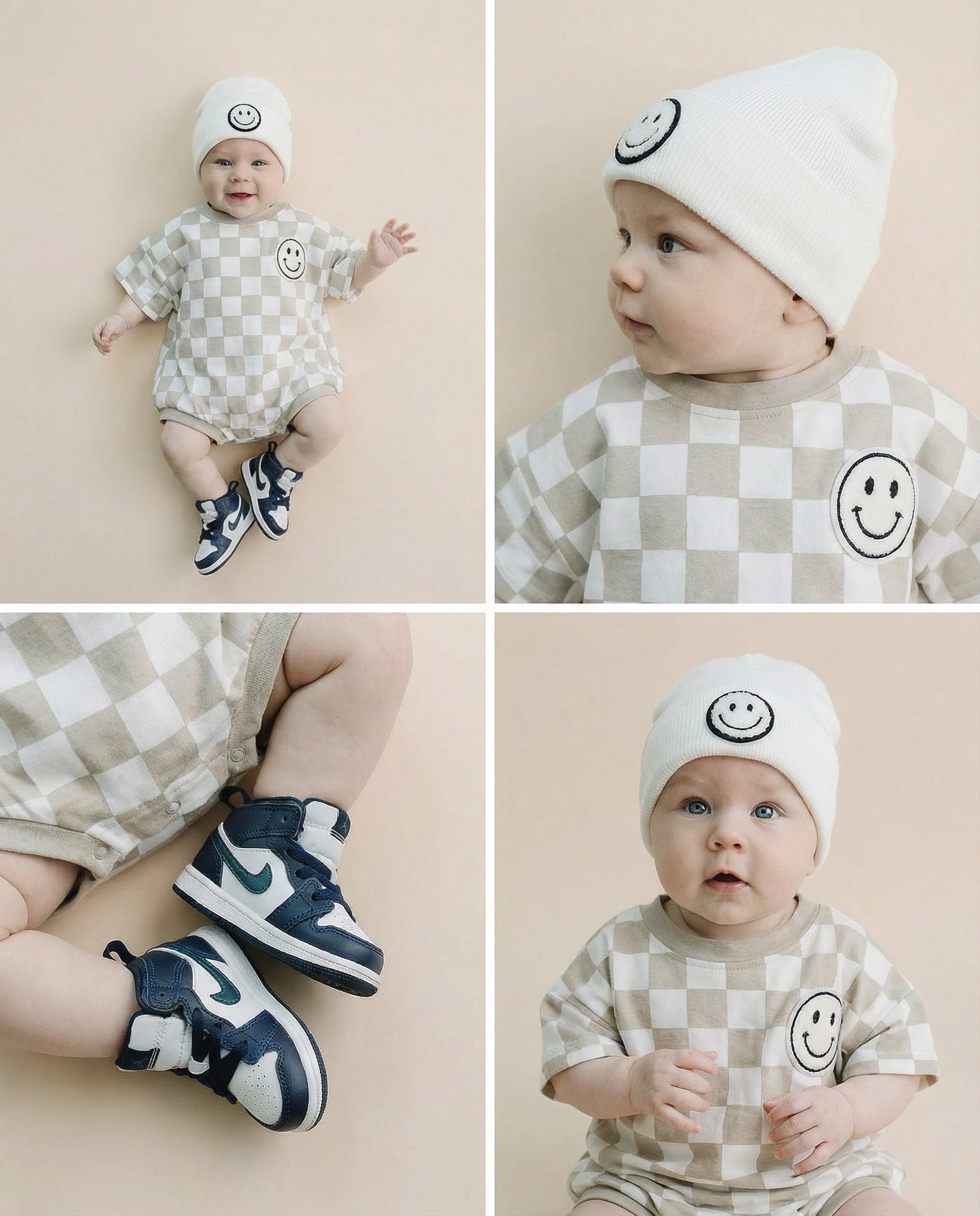 Short Sleeve Bubble Romper | Checkered Smiley Latte